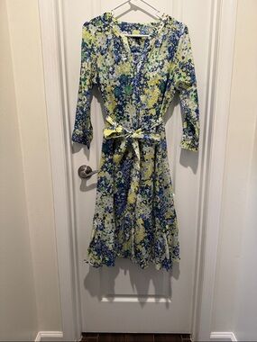 Talbots Floral V-Neck Tie-Waist Midi Dress in Blue, Yellow, and Green